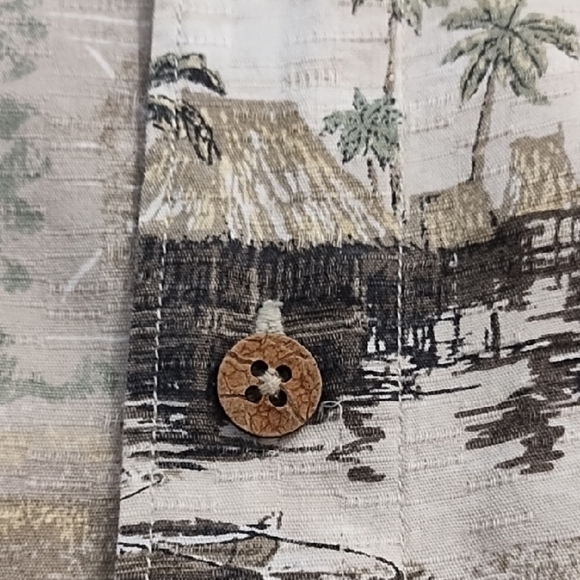 Island Beach Print Natural Colors Button Down Shirt Cocoanut Wood Buttons - Picture 9 of 13
